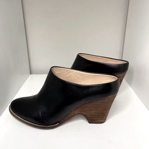Kelsi Dagger leather, black, wooden heeled mules. Size 7